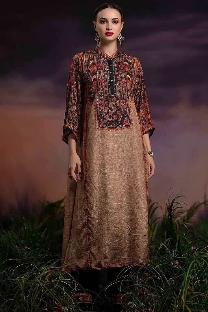 Beige Embroidered Long Tunic by Rajdeep Ranawat