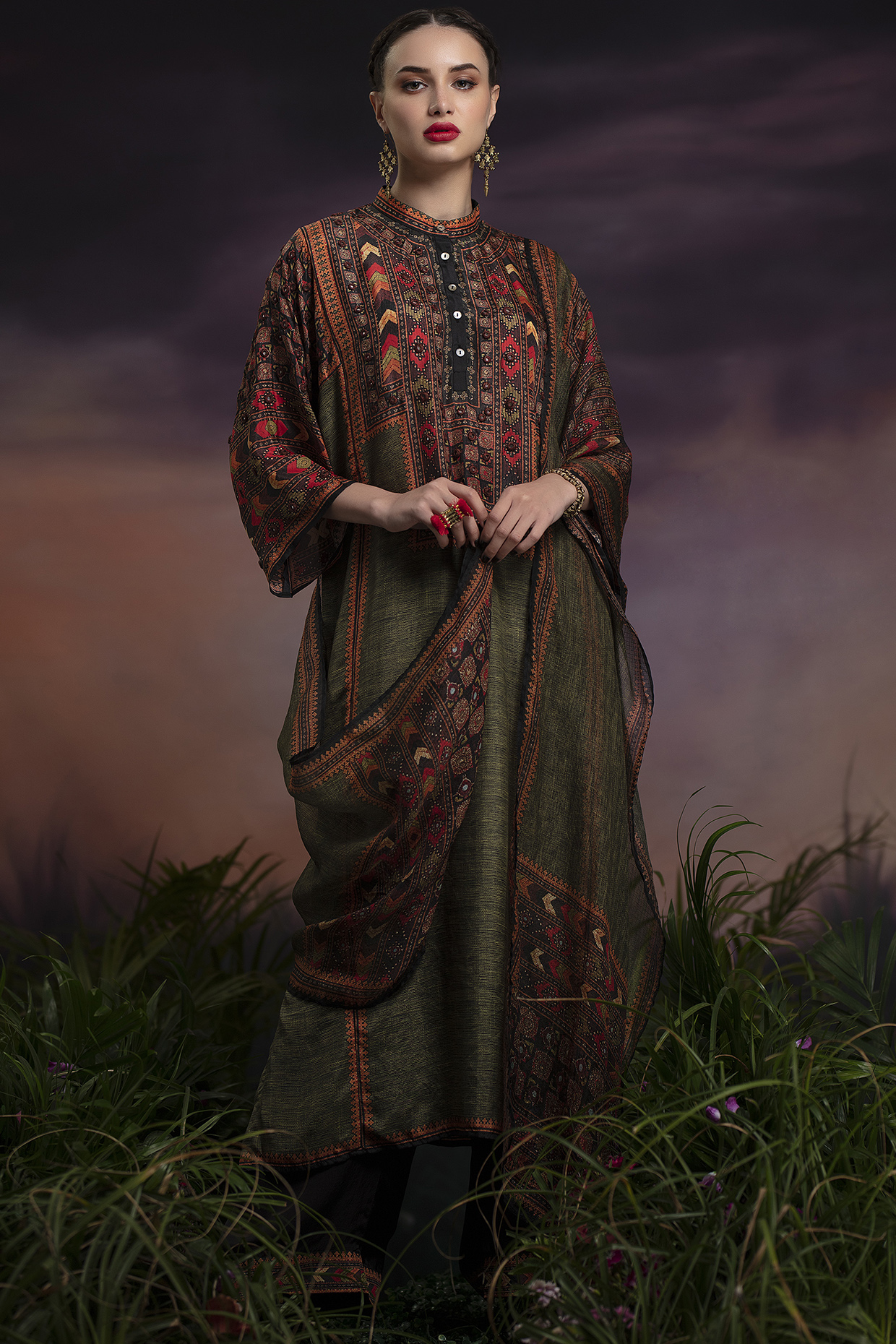 Olive Green Embroidered Long Tunic by Rajdeep Ranawat at Pernia's Pop Up Shop