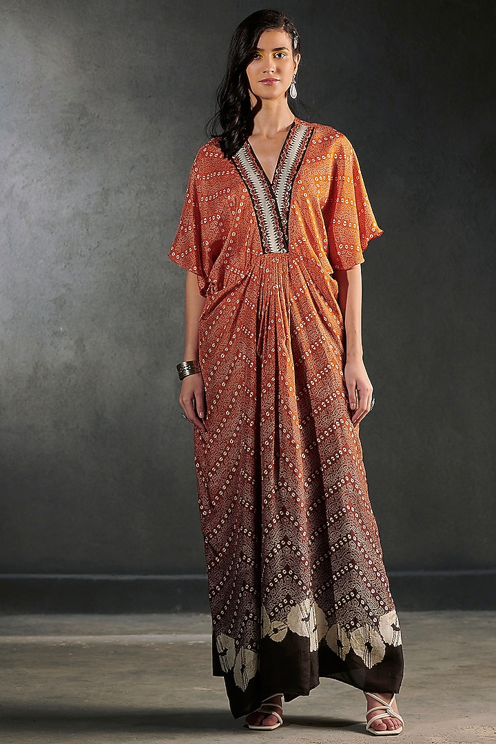 Rust Orange Embroidered Kaftan by Rajdeep Ranawat