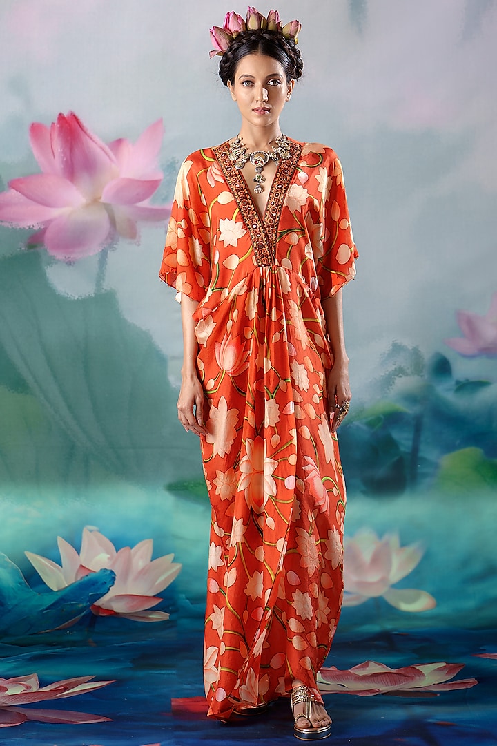 Rust Silk Printed Kaftan  by Rajdeep Ranawat