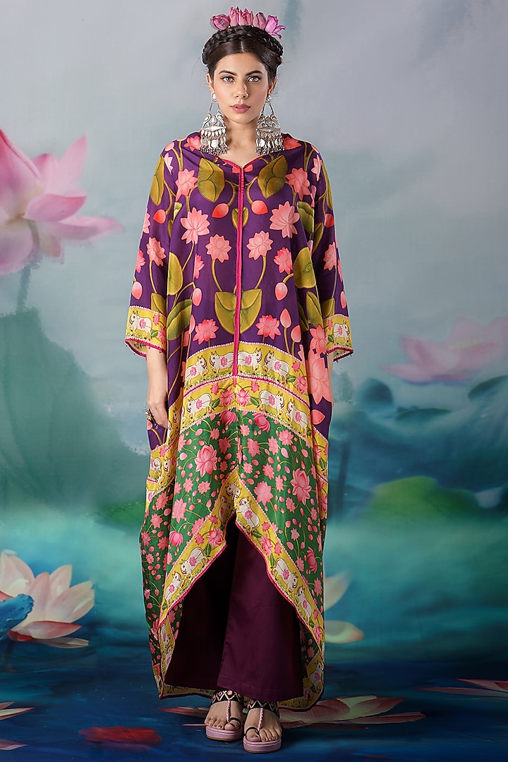 Purple Printed Draped Tunic Set by Rajdeep Ranawat at Pernia's Pop Up Shop