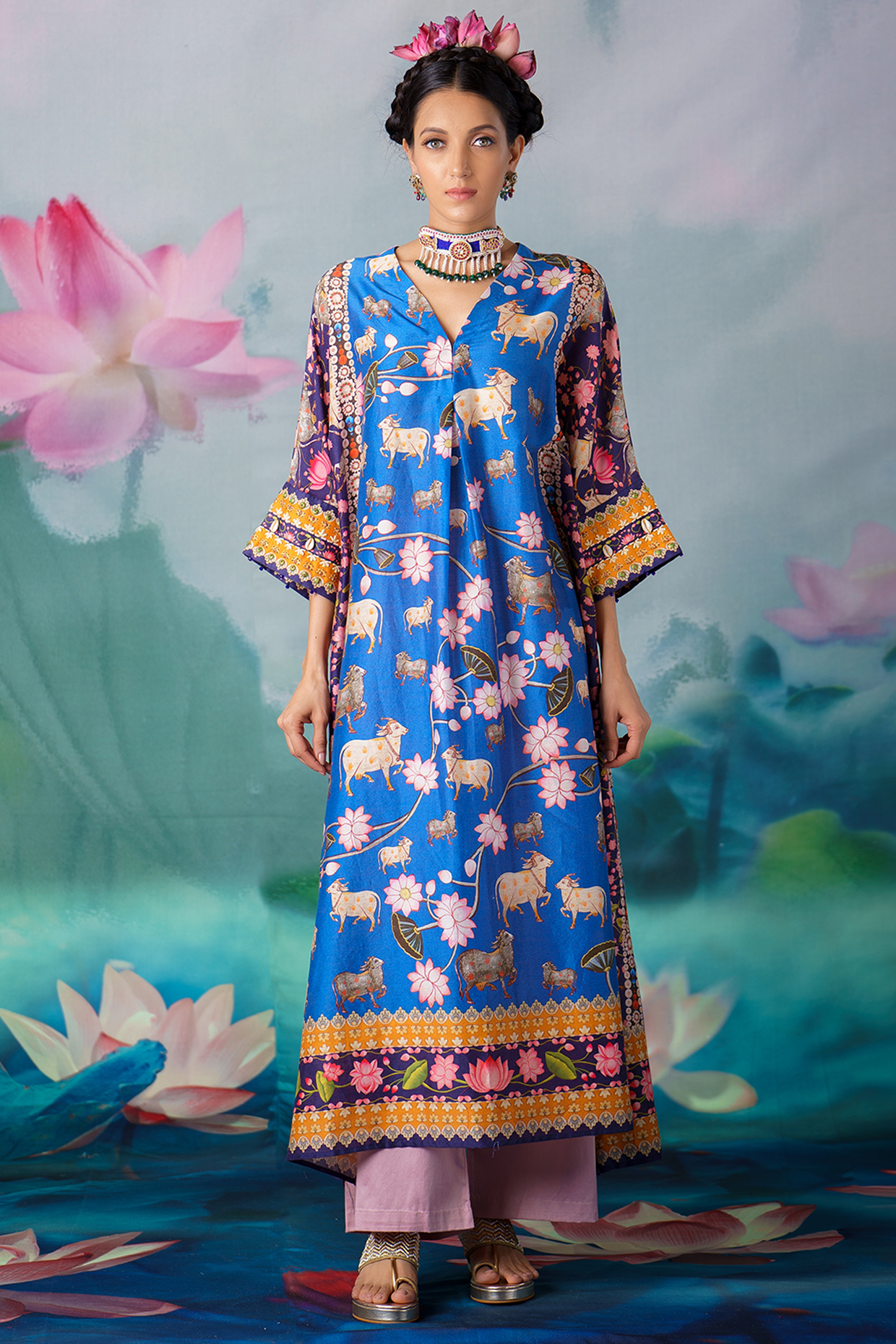 Cobalt Blue Printed Kimono Tunic Set by Rajdeep Ranawat at Pernia's Pop Up Shop