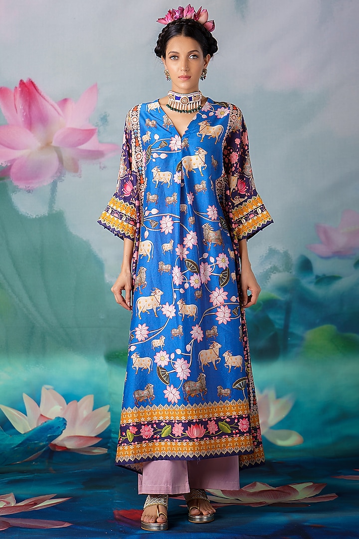 Cobalt Blue Printed Kimono Tunic Set by Rajdeep Ranawat at Pernia's Pop Up Shop