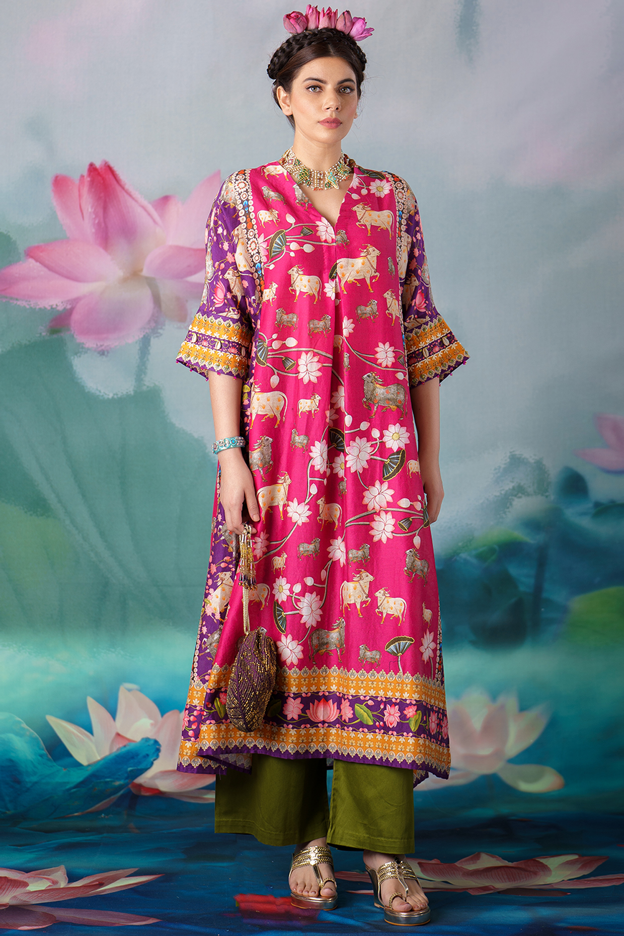 Fuchsia Printed Kimono Tunic Set by Rajdeep Ranawat at Pernia's Pop Up Shop