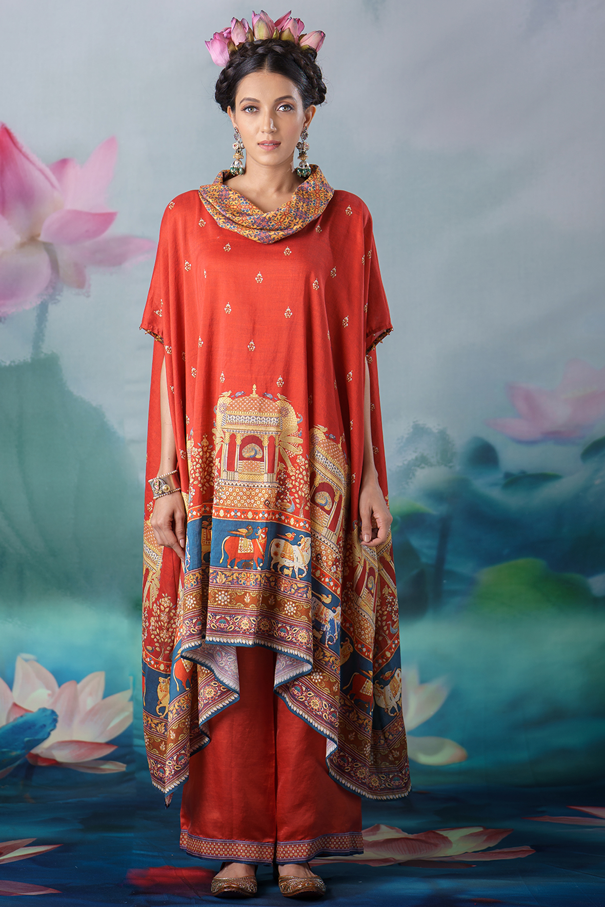 Rouge Printed Draped Tunic Set by Rajdeep Ranawat at Pernia's Pop Up Shop