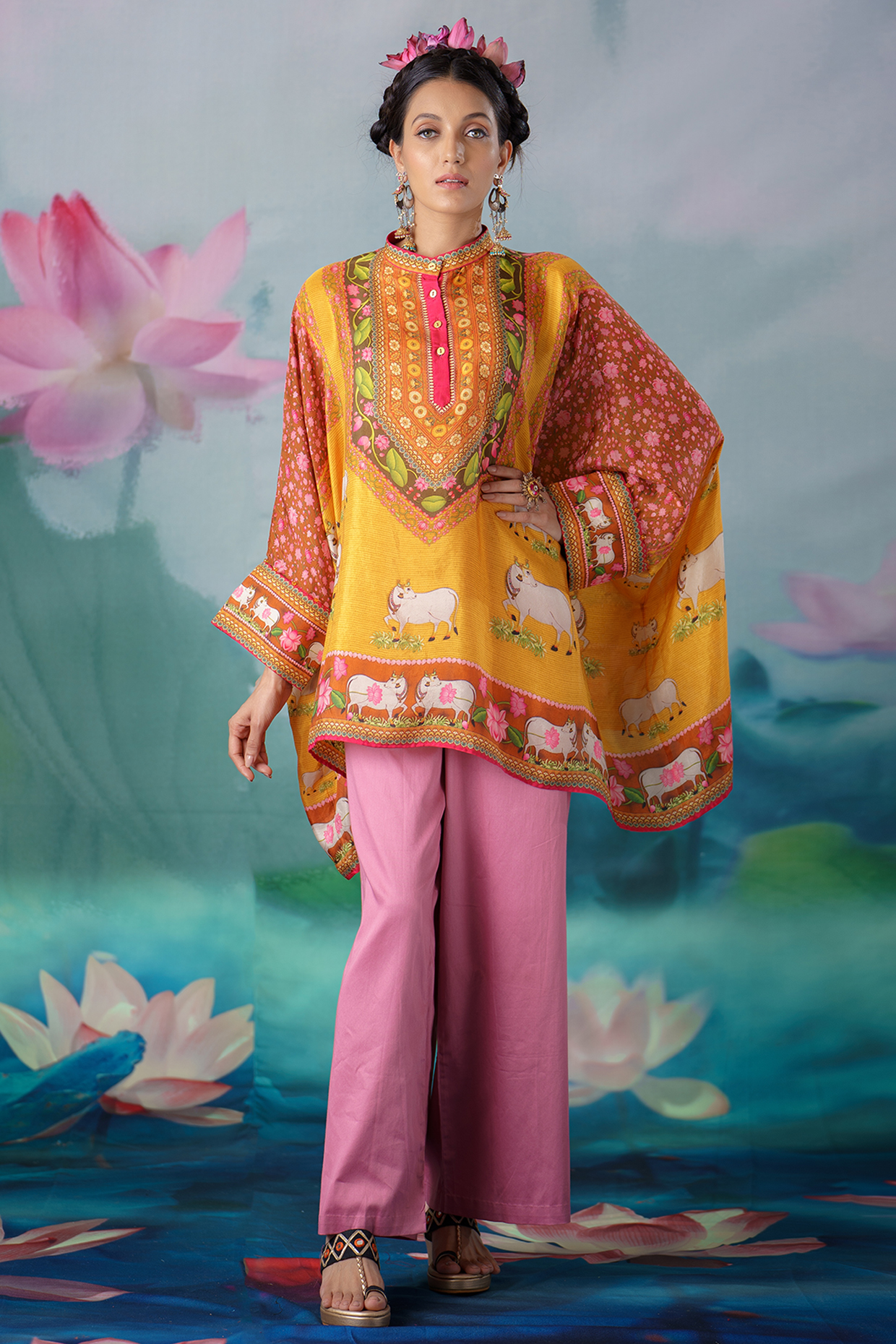 Mustard Silk Printed Tunic Set by Rajdeep Ranawat at Pernia's Pop Up Shop