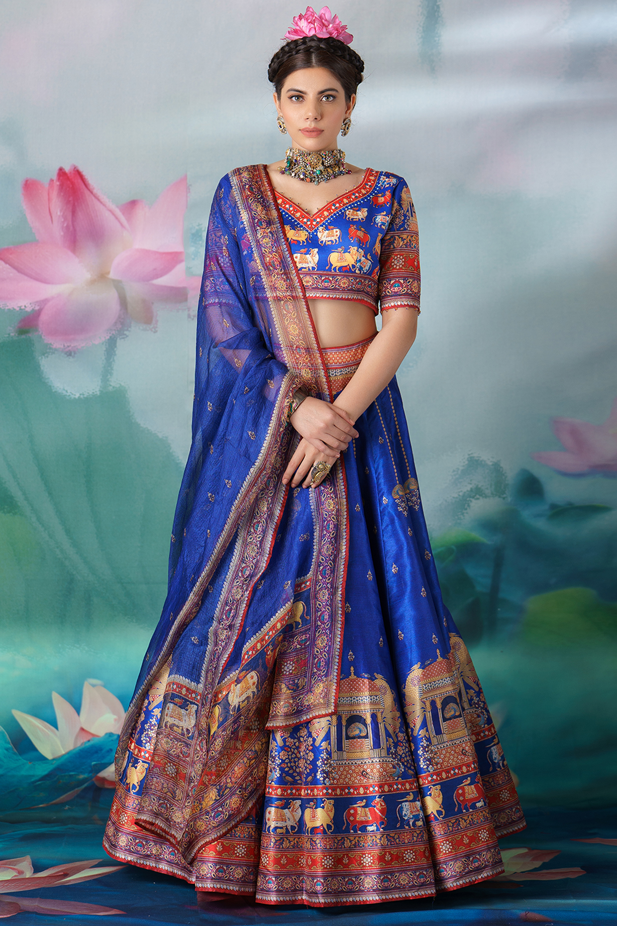 Cobalt Blue Printed Wedding Lehenga Set by Rajdeep Ranawat at Pernia's Pop Up Shop
