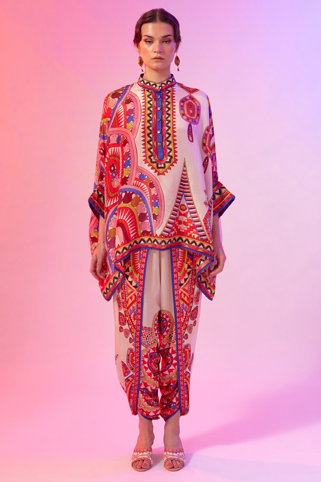 Candy Cream Modal Satin Printed Tunic Set by Rajdeep Ranawat at Pernia's Pop Up Shop
