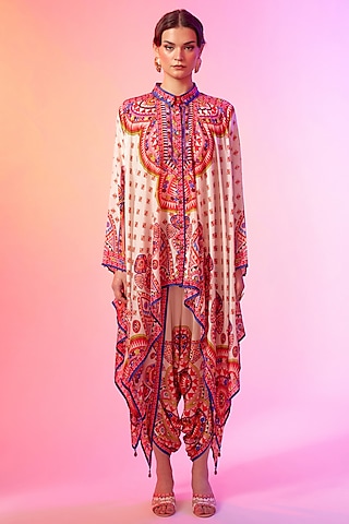 Candy Cream Silk Printed Dhoti set by Rajdeep Ranawat