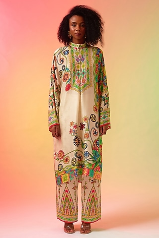 Multi-Colored Silk Printed Tunic Set by Rajdeep Ranawat