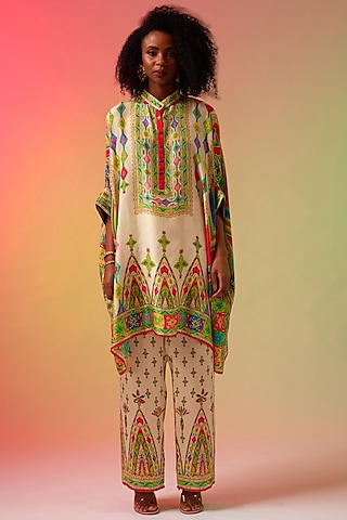 Multi-Colored Silk Printed Tunic Set by Rajdeep Ranawat
