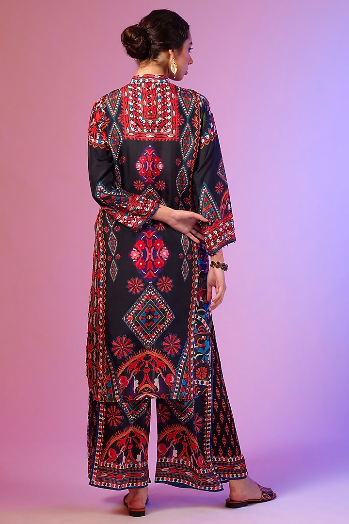 Savannah Blue Silk Printed High-Low Tunic Set by Rajdeep Ranawat at Pernia's Pop Up Shop