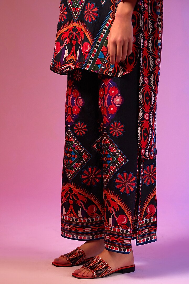 Savannah Blue Silk Printed High-Low Tunic Set by Rajdeep Ranawat at Pernia's Pop Up Shop