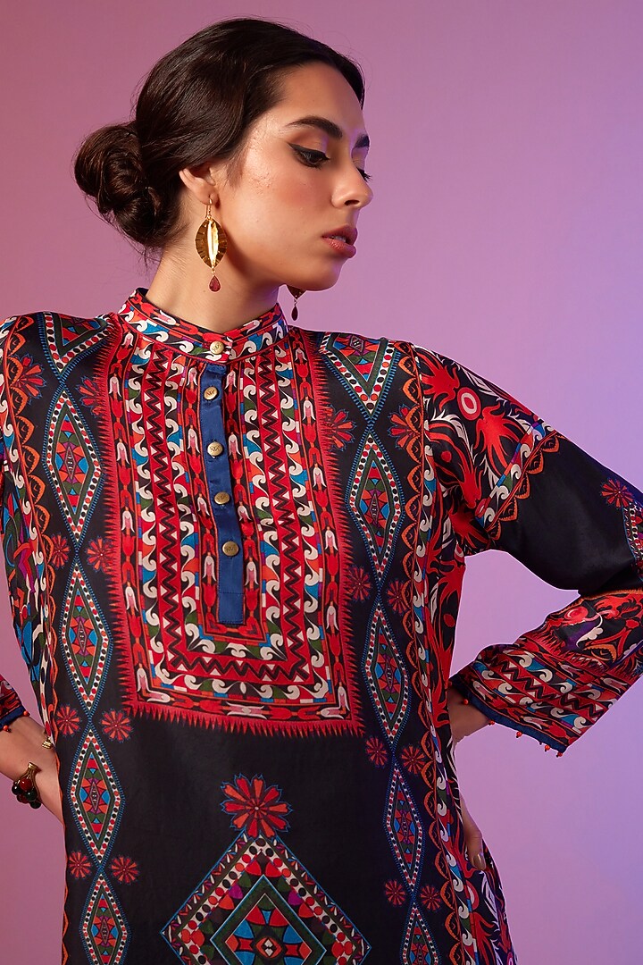 Savannah Blue Silk Printed High-Low Tunic Set by Rajdeep Ranawat at Pernia's Pop Up Shop