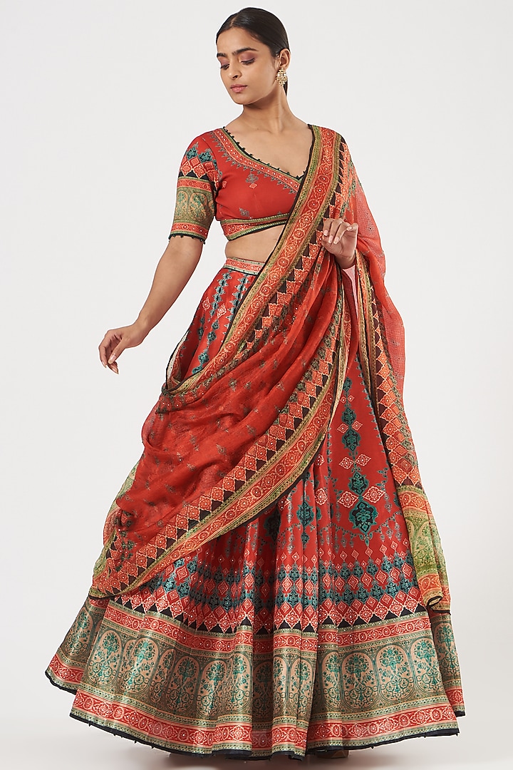 Red Dupion Printed Lehenga Set by Rajdeep Ranawat