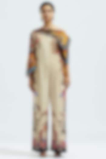 Beige Velvet Printed Jumpsuit by Rajdeep Ranawat