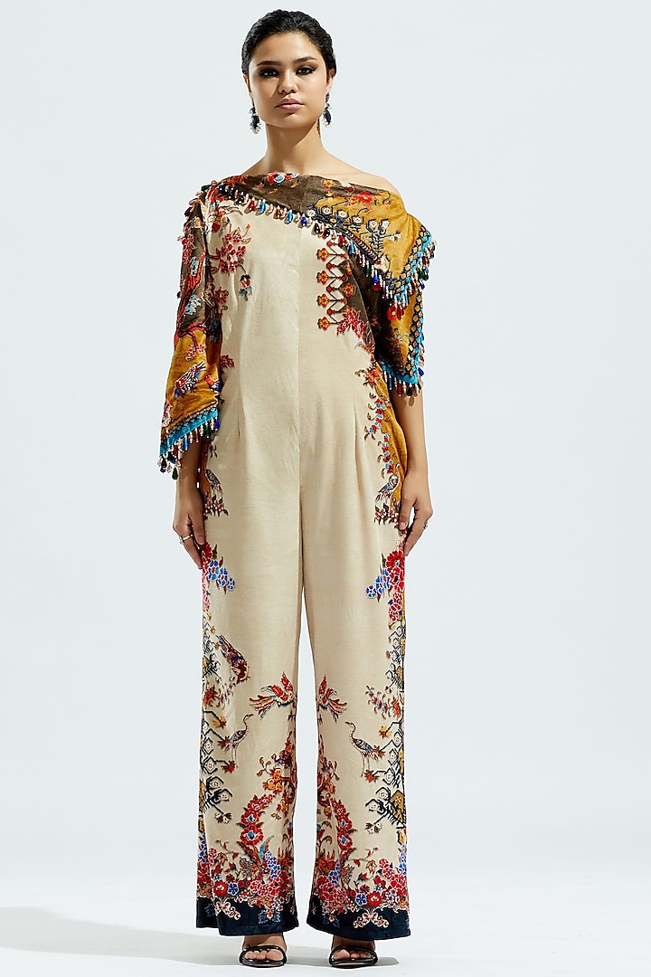 Beige Velvet Printed Jumpsuit by Rajdeep Ranawat