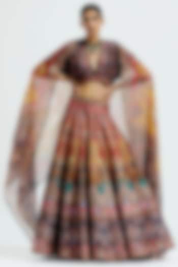 Red Dupion Printed Skirt by Rajdeep Ranawat