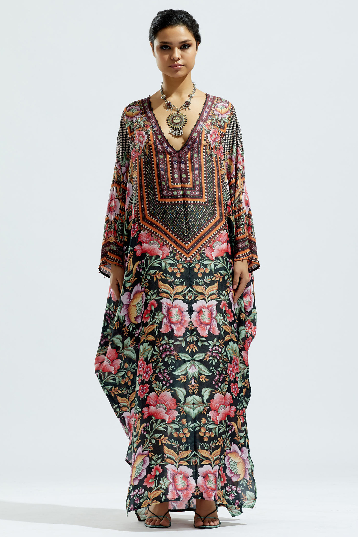 Black Silk Printed Kaftan by Rajdeep Ranawat at Pernia's Pop Up Shop