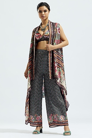 Black Silk Color Blocked Jacket Set by Rajdeep Ranawat