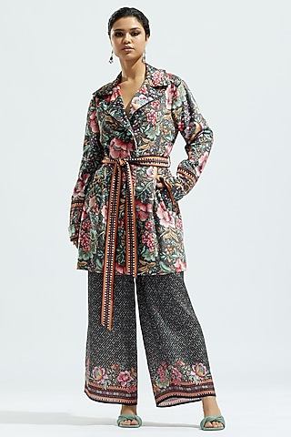 Black Velvet Printed Trench Coat Set by Rajdeep Ranawat