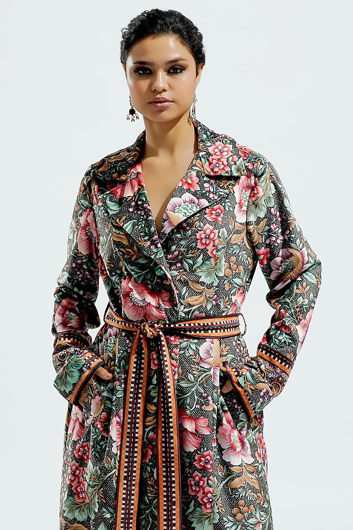 Black Velvet Printed Trench Coat Set by Rajdeep Ranawat at Pernia's Pop Up Shop