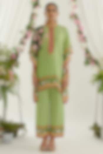 Lime Satin Printed Palazzo Pants by Rajdeep Ranawat at Pernia's Pop Up Shop