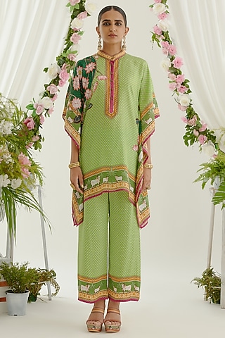 Lime Satin Printed Palazzo Pants by Rajdeep Ranawat