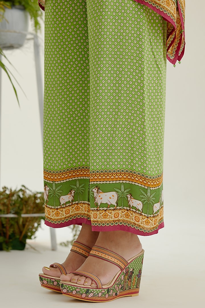 Lime Satin Printed Palazzo Pants by Rajdeep Ranawat at Pernia's Pop Up Shop