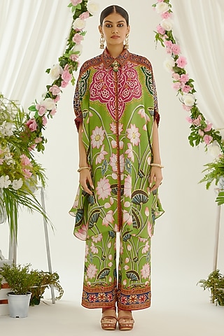 Green Satin Printed Palazzo Pants by Rajdeep Ranawat