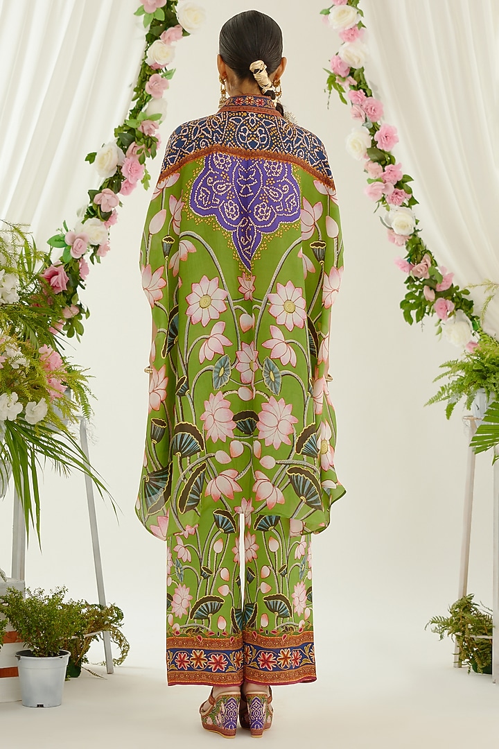 Green Satin Printed Palazzo Pants by Rajdeep Ranawat at Pernia's Pop Up Shop