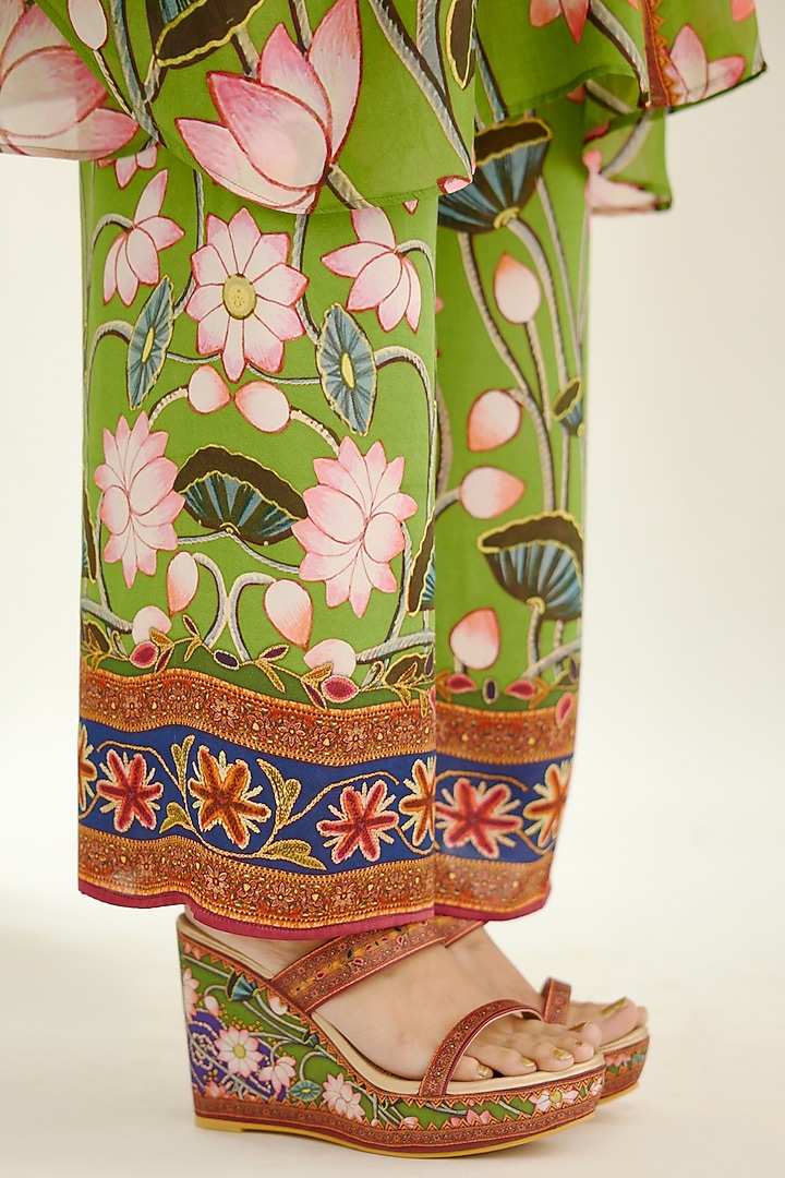 Green Satin Printed Palazzo Pants by Rajdeep Ranawat at Pernia's Pop Up Shop