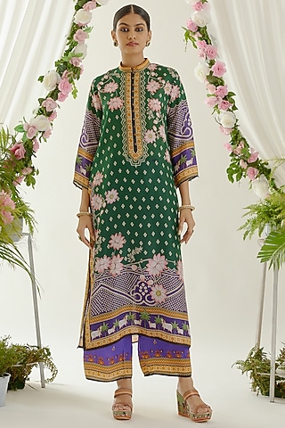 Purple Satin Printed Palazzo Pants by Rajdeep Ranawat