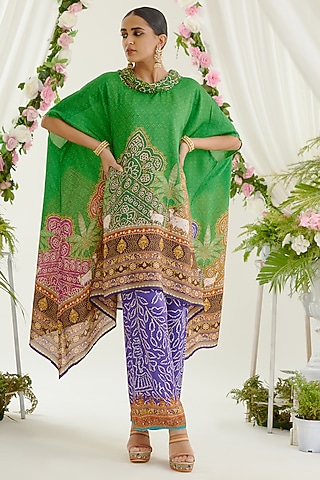 Purple Satin Printed Palazzo Pants by Rajdeep Ranawat