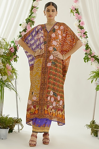 Purple Satin Printed Palazzo Pants by Rajdeep Ranawat
