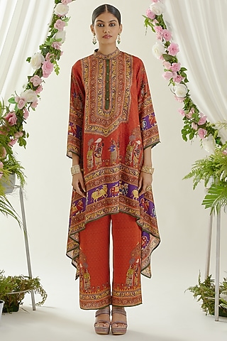 Red Satin Printed Palazzo Pants by Rajdeep Ranawat