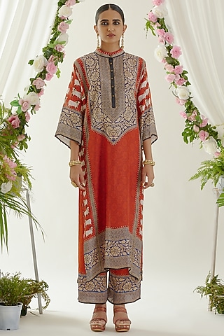 Red Satin Printed Palazzo Pants by Rajdeep Ranawat