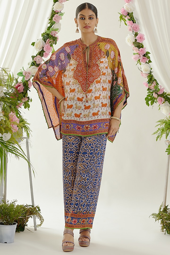 Blue Satin Printed Palazzo Pants by Rajdeep Ranawat at Pernia's Pop Up Shop