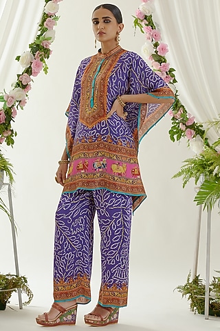 Purple Satin Printed Palazzo Pants by Rajdeep Ranawat