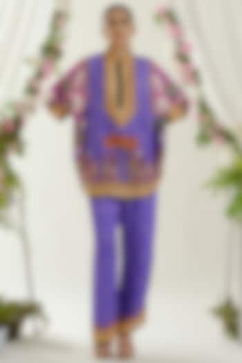 Purple Silk Printed Poncho Tunic by Rajdeep Ranawat