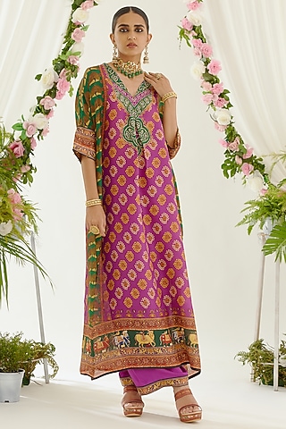 Magenta Satin Printed Palazzo Pants by Rajdeep Ranawat