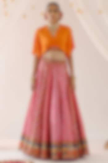 Fuchsia Cotton Satin & Dupion Printed Skirt Set by Rajdeep Ranawat