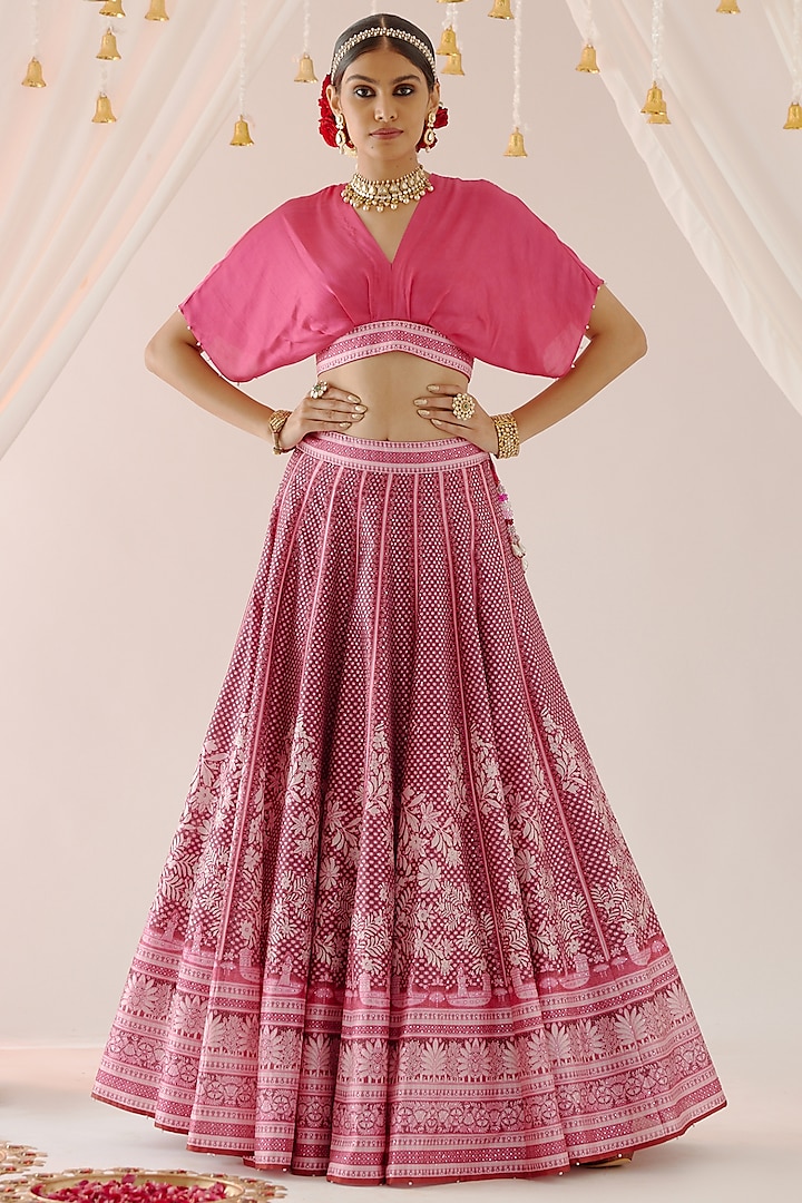 Pink Cotton Satin & Dupion Printed Skirt Set by Rajdeep Ranawat