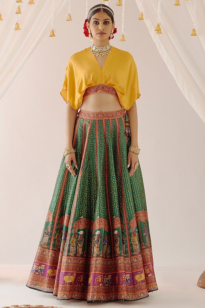 Emerald Cotton Satin & Dupion Printed Skirt Set by Rajdeep Ranawat