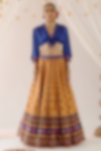 Mustard Cotton Satin & Dupion Printed Skirt Set by Rajdeep Ranawat