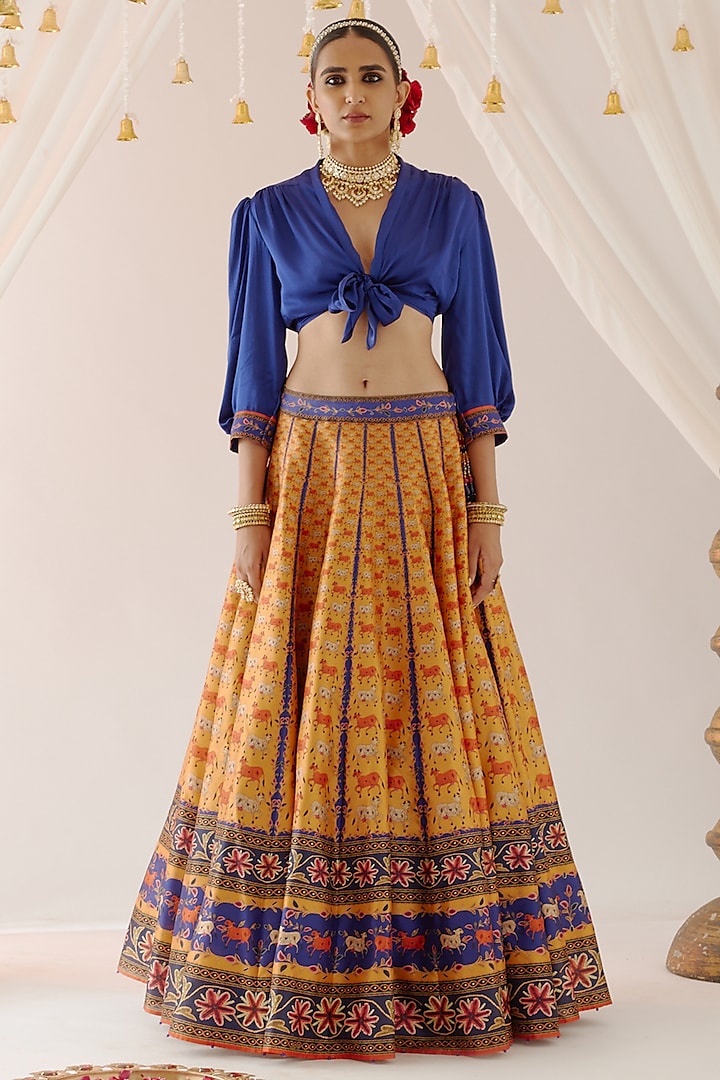 Mustard Cotton Satin & Dupion Printed Skirt Set by Rajdeep Ranawat