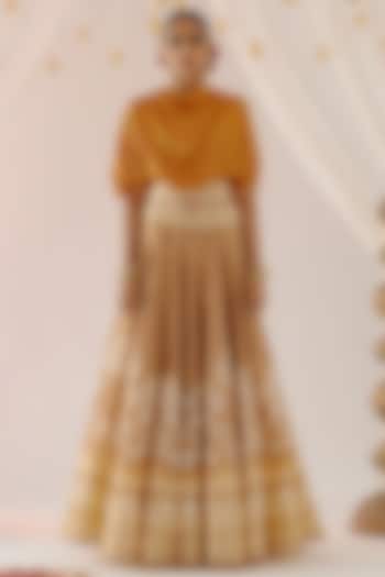 Golden Cotton Satin & Dupion Printed Skirt Set by Rajdeep Ranawat