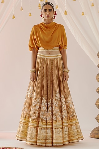 Golden Cotton Satin & Dupion Printed Skirt Set by Rajdeep Ranawat