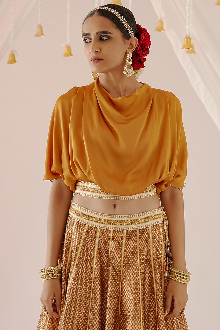 Golden Cotton Satin & Dupion Printed Skirt Set by Rajdeep Ranawat at Pernia's Pop Up Shop