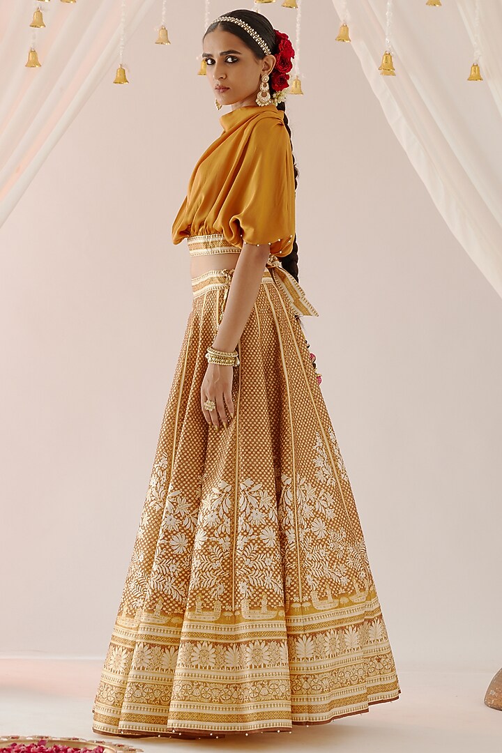 Golden Cotton Satin & Dupion Printed Skirt Set by Rajdeep Ranawat at Pernia's Pop Up Shop